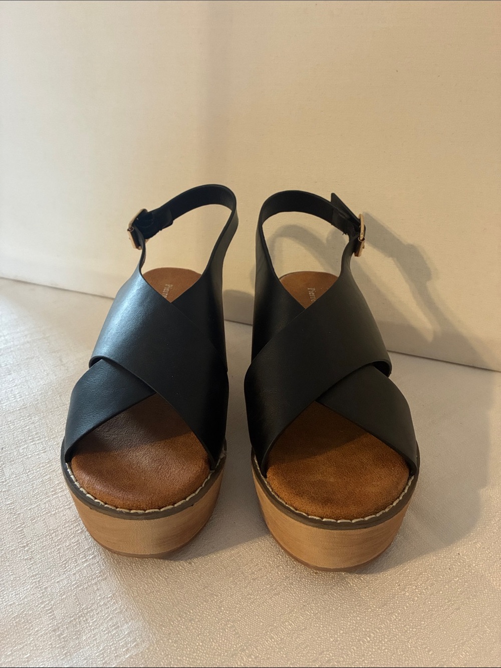 Pierre Dumas Black Crisscross Platform Wedge Sandals Size 7M